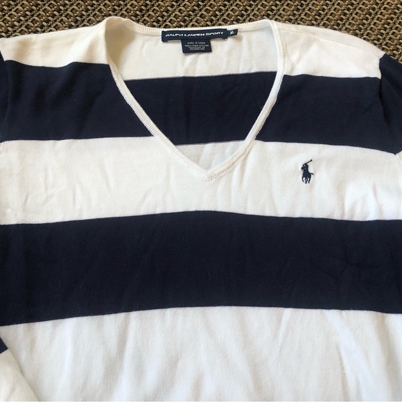 Vintage Y2K Ralph Lauren Sport Navy &White Rugby Striped V-neck Pullover Sweater - Picture 2 of 9